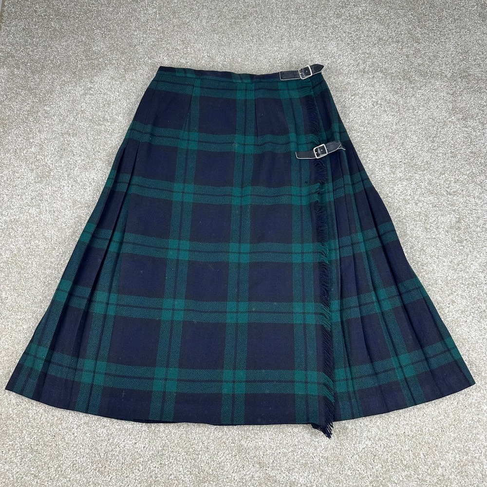 Brendella Vintage 100% Wool Black Watch Plaid Kilt Skirt Green Navy Pleated Midi